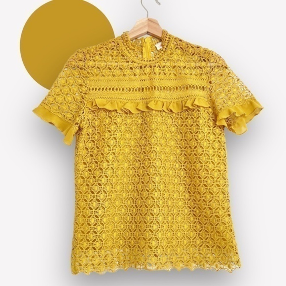 Mustard Yellow crochet ruffle sleeve blouse Small